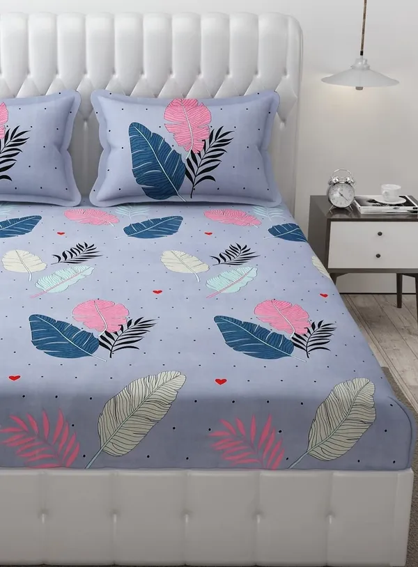 Blue_Microfibre_Floral_Print_Queen_Size_245*230_Cm_Flat_Bedsheet_with_Pillow_Covers