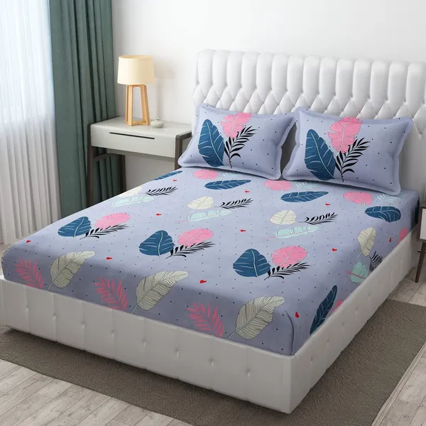 Blue_Microfibre_Floral_Print_Queen_Size_245*230_Cm_Flat_Bedsheet_with_Pillow_Covers