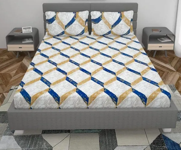 White_Microfibre_3D_Geometric_Print_Queen_Size_245*230_Cm_Flat_Bedsheet_with_Pillow_Covers