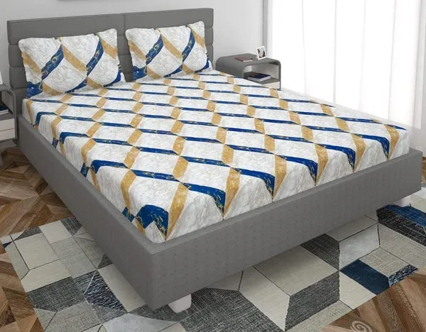 White_Microfibre_3D_Geometric_Print_Queen_Size_245*230_Cm_Flat_Bedsheet_with_Pillow_Covers