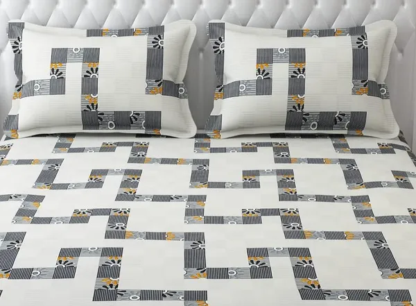 White_Microfibre_Geometric_Print_Queen_Size_245*230_Cm_Flat_Bedsheet_with_Pillow_Covers