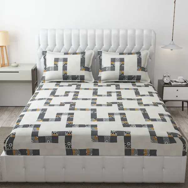 White_Microfibre_Geometric_Print_Queen_Size_245*230_Cm_Flat_Bedsheet_with_Pillow_Covers
