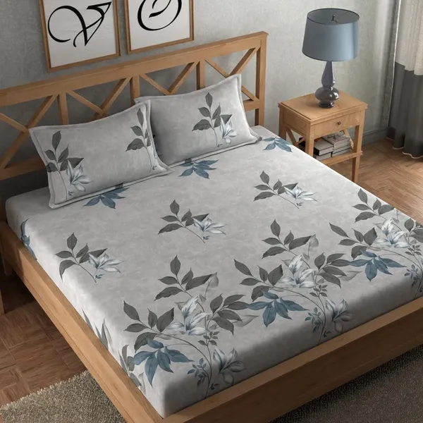 Light_Grey_Microfibre_Floral_Print_Queen_Size_245*230_Cm_Flat_Bedsheet_with_Pillow_Covers