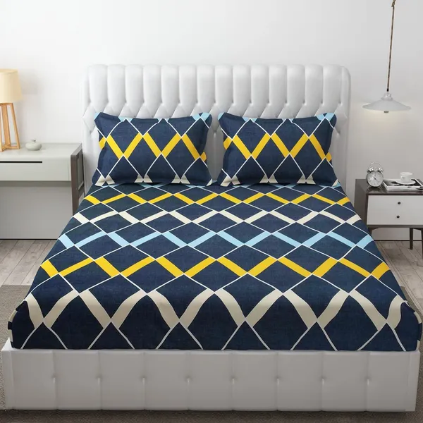 Blue_Microfibre_Striped_Print_Queen_Size_245*230_Cm_Flat_Bedsheet_with_Pillow_Covers