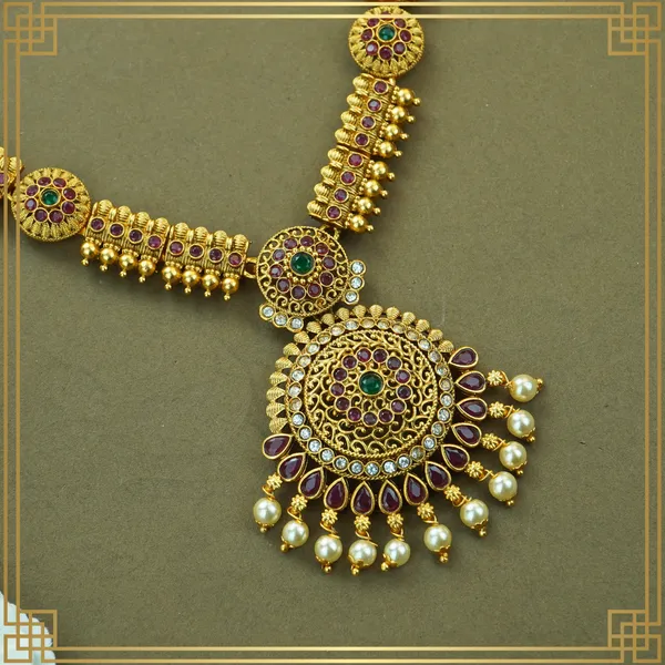 Gold_&_Pink_&_Green_Alloy_Premium_Earring_&_Necklace_Combo_Set_|_South_Indian_Jewellery