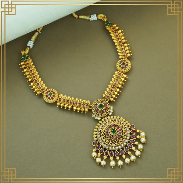 Gold_&_Pink_&_Green_Alloy_Premium_Earring_&_Necklace_Combo_Set_|_South_Indian_Jewellery