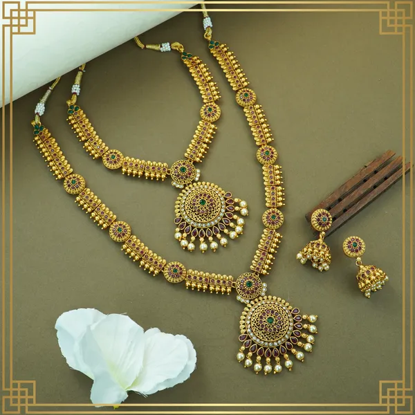 Gold_&_Pink_&_Green_Alloy_Premium_Earring_&_Necklace_Combo_Set_|_South_Indian_Jewellery