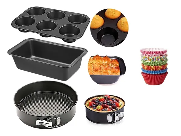 Cake_Making_Set_–_4_in_1_Combo_of_Round_Shape_Cake_Mould,_Bread_Loaf_Pan,_6_Slot_Muffin_Tray,_&_100_Pcs_Paper_Cake_Cup_Liners_I_Cake_Baking_and_Decoration_Tools_I_Microwave_or_Oven_Safe_–_Black