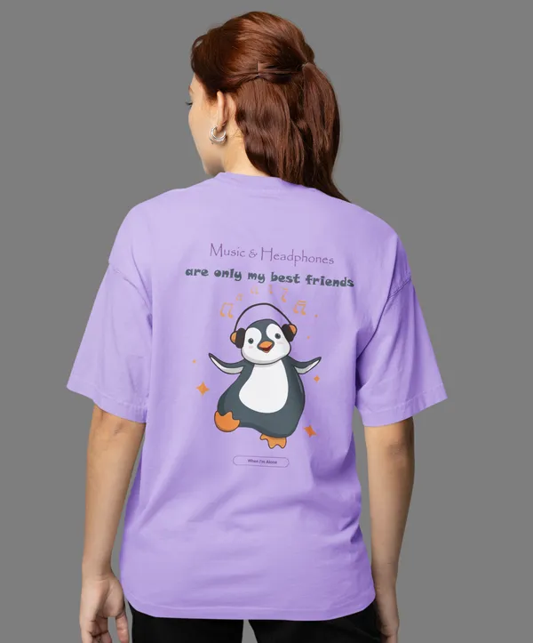 TOFFTEES_Premium__French_Terry_Fabric__(220_GSM)_Lavender_Oversized_Music&Headphones_Half_Sleeves_Women's_T-shirt