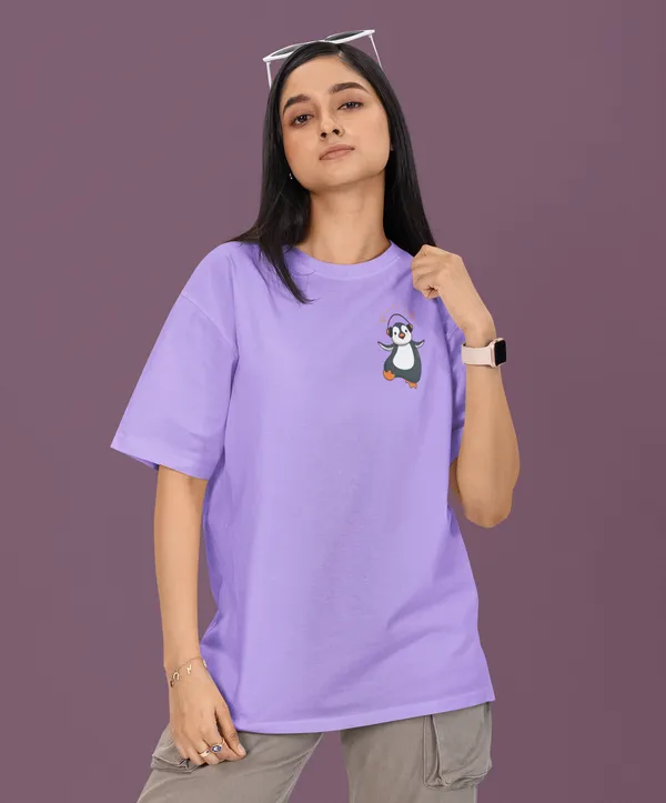 TOFFTEES_Premium__French_Terry_Fabric__(220_GSM)_Lavender_Oversized_Music&Headphones_Half_Sleeves_Women's_T-shirt