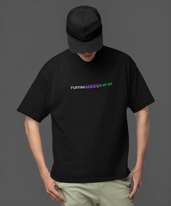 TOFFTEES_Premium_French_Terry_Fabric__(220_GSM)_Black_Oversized_PlayingMusic_Half_Sleeves_T-shirt
