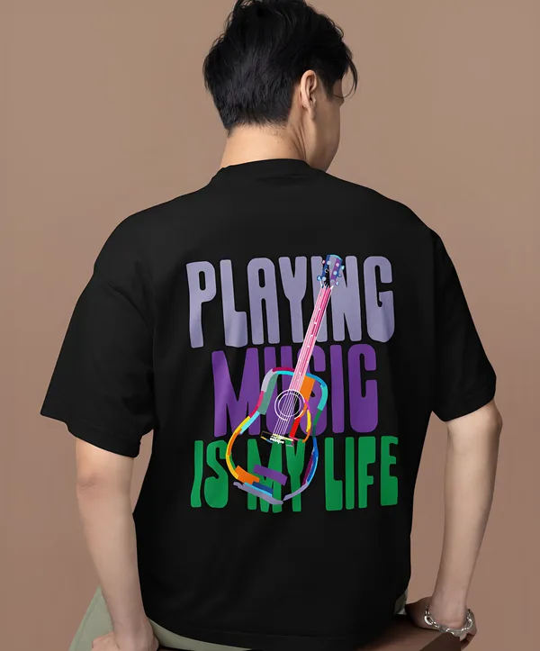 TOFFTEES_Premium_French_Terry_Fabric__(220_GSM)_Black_Oversized_PlayingMusic_Half_Sleeves_T-shirt