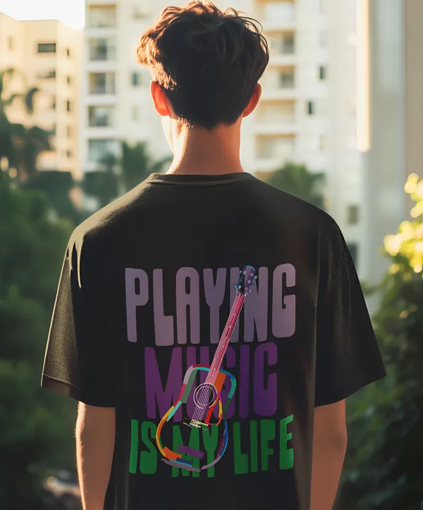 TOFFTEES_Premium_French_Terry_Fabric__(220_GSM)_Black_Oversized_PlayingMusic_Half_Sleeves_T-shirt