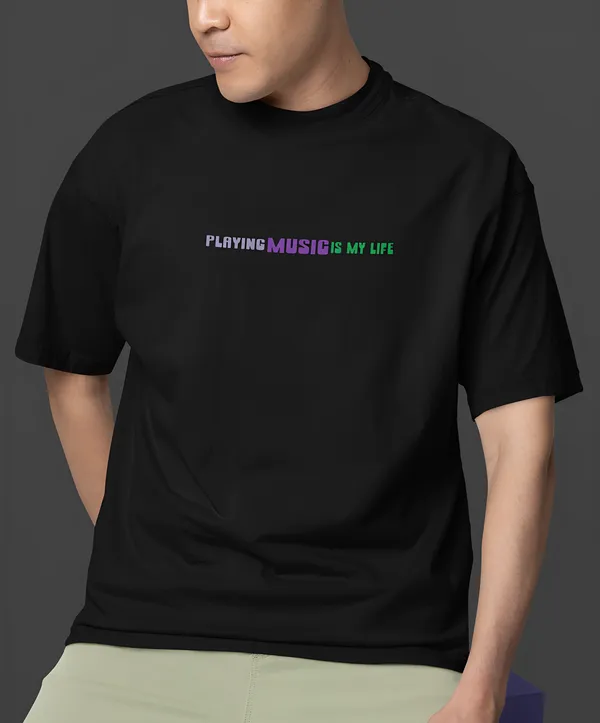 TOFFTEES_Premium_French_Terry_Fabric__(220_GSM)_Black_Oversized_PlayingMusic_Half_Sleeves_T-shirt