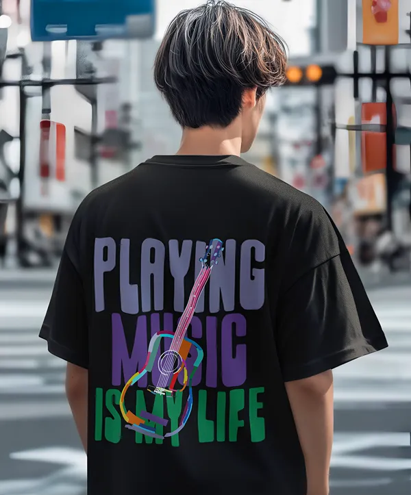 TOFFTEES_Premium_French_Terry_Fabric__(220_GSM)_Black_Oversized_PlayingMusic_Half_Sleeves_T-shirt