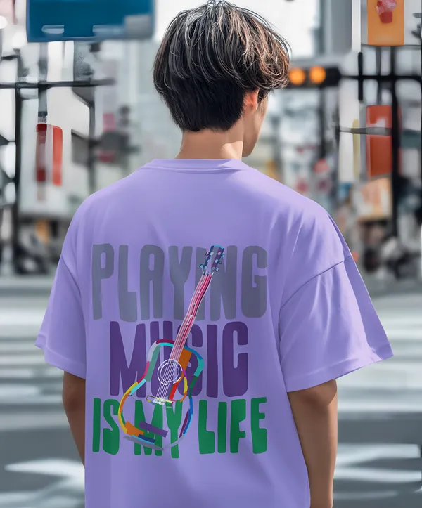 TOFFTEES_Premium_French_Terry_Fabric__(220_GSM)_Lavender_Oversized_PlayingMusic_Half_Sleeves_T-shirt