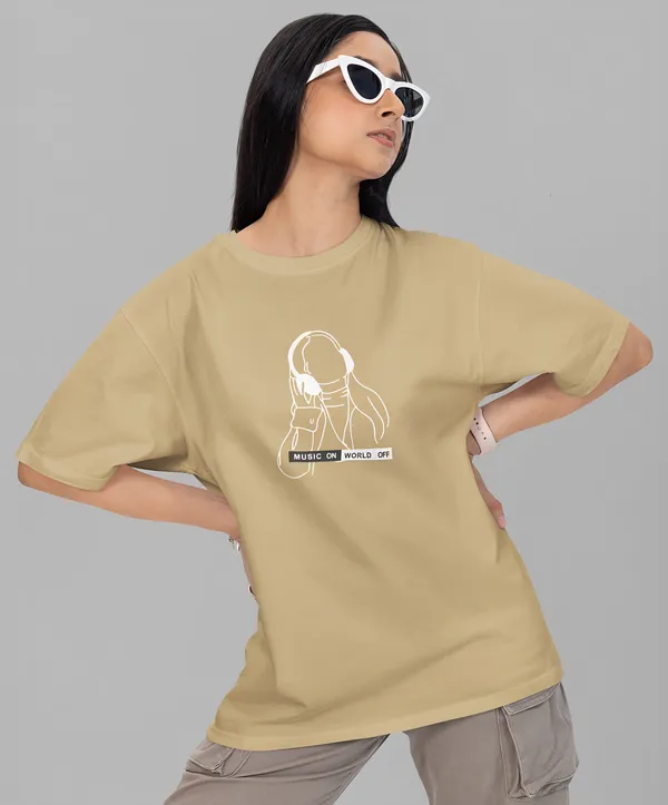 TOFFTEES_Premium_French_Terry_Fabric__(220_GSM)_Beige_Oversized_MusicOnOff_Half_Sleeves_Women's_T-shirt