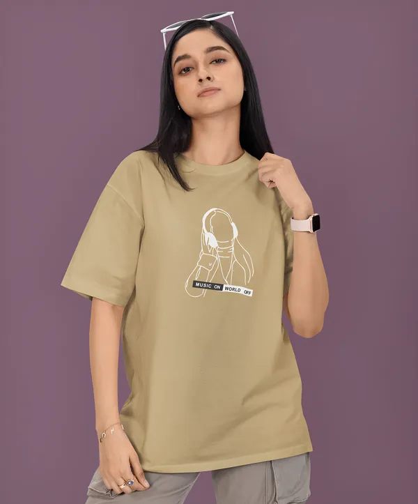 TOFFTEES_Premium_French_Terry_Fabric__(220_GSM)_Beige_Oversized_MusicOnOff_Half_Sleeves_Women's_T-shirt