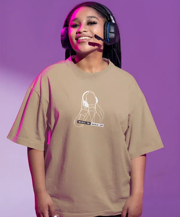 TOFFTEES_Premium_French_Terry_Fabric__(220_GSM)_Beige_Oversized_MusicOnOff_Half_Sleeves_Women's_T-shirt