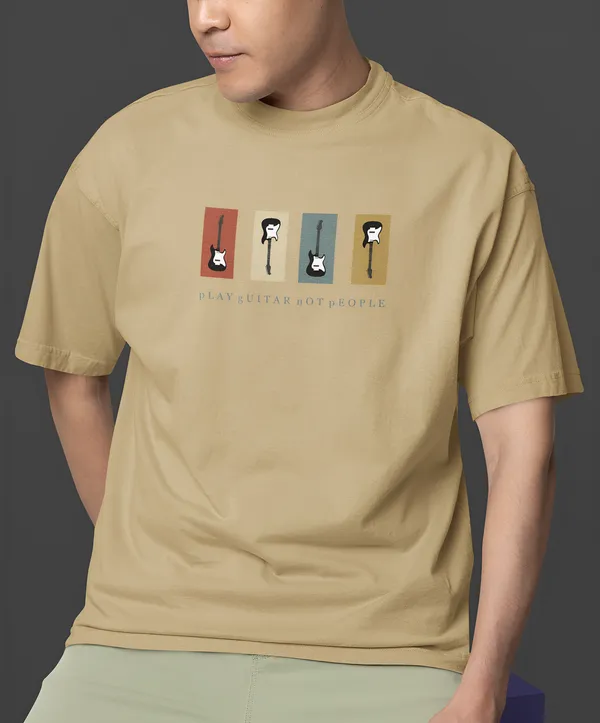 TOFFTEES_Premium_French_Terry_Fabric__(220_GSM)_Beige_Oversized_PlayGuitar_Half_Sleeves_T-shirt