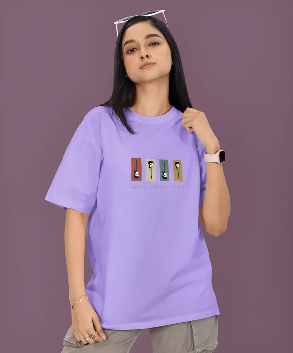 TOFFTEES_Premium_French_Terry_Fabric__(220_GSM)_Lavender_Oversized_PlayGuitar_Half_Sleeves_Women's_T-shirt