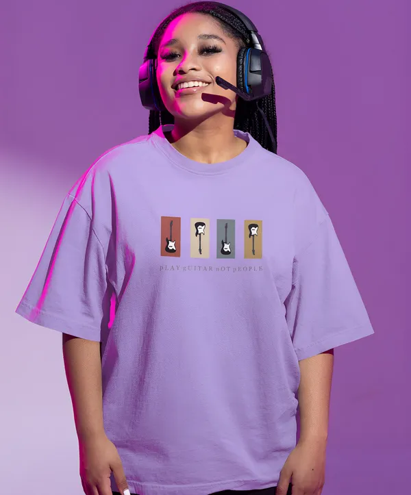 TOFFTEES_Premium_French_Terry_Fabric__(220_GSM)_Lavender_Oversized_PlayGuitar_Half_Sleeves_Women's_T-shirt