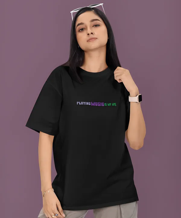 TOFFTEES_Premium_Black_Oversized_PlayMusic_Half_Sleeves_Women's_T-shirt_|_French_Terry_Fabric__(220_GSM)