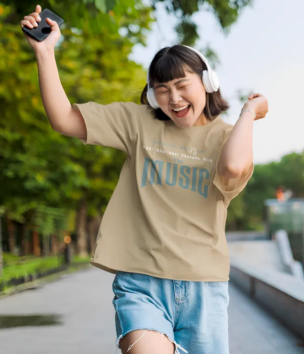 TOFFTEES_Premium_French_Terry_Fabric__(220_GSM)_Beige_Oversized_Heartbeat_Half_Sleeves_Women's_T-shirt