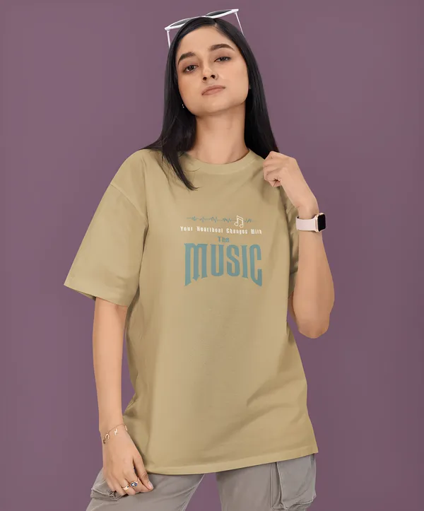 TOFFTEES_Premium_French_Terry_Fabric__(220_GSM)_Beige_Oversized_Heartbeat_Half_Sleeves_Women's_T-shirt