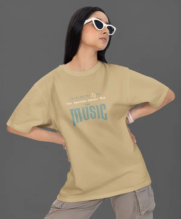 TOFFTEES_Premium_French_Terry_Fabric__(220_GSM)_Beige_Oversized_Heartbeat_Half_Sleeves_Women's_T-shirt