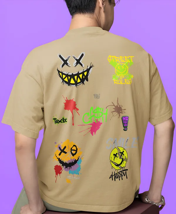 TOFFTEES_Premium_Beige_Oversized_Smile_Half_Sleeves_T-shirt_|_French_Terry_Fabric__(220_GSM)