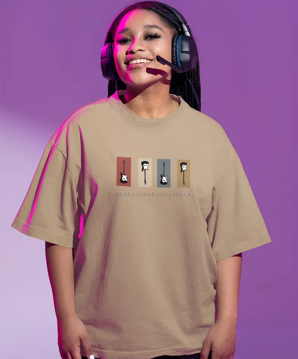 TOFFTEES_Premium_French_Terry_Fabric__(220_GSM)_Beige_Oversized_PlayGuitar_Half_Sleeves_Women's_T-shirt