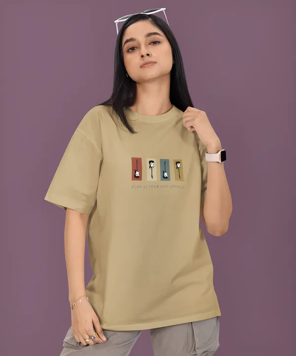 TOFFTEES_Premium_French_Terry_Fabric__(220_GSM)_Beige_Oversized_PlayGuitar_Half_Sleeves_Women's_T-shirt