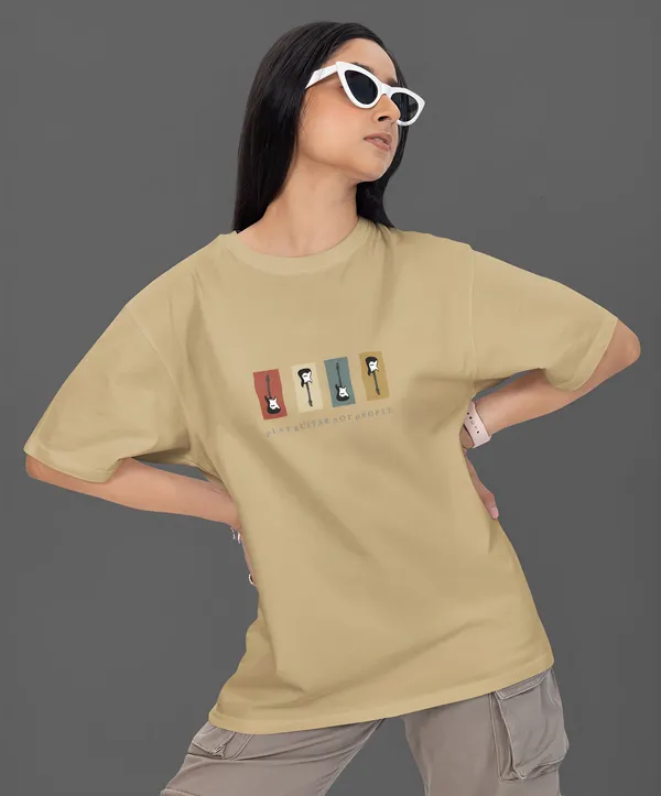 TOFFTEES_Premium_French_Terry_Fabric__(220_GSM)_Beige_Oversized_PlayGuitar_Half_Sleeves_Women's_T-shirt