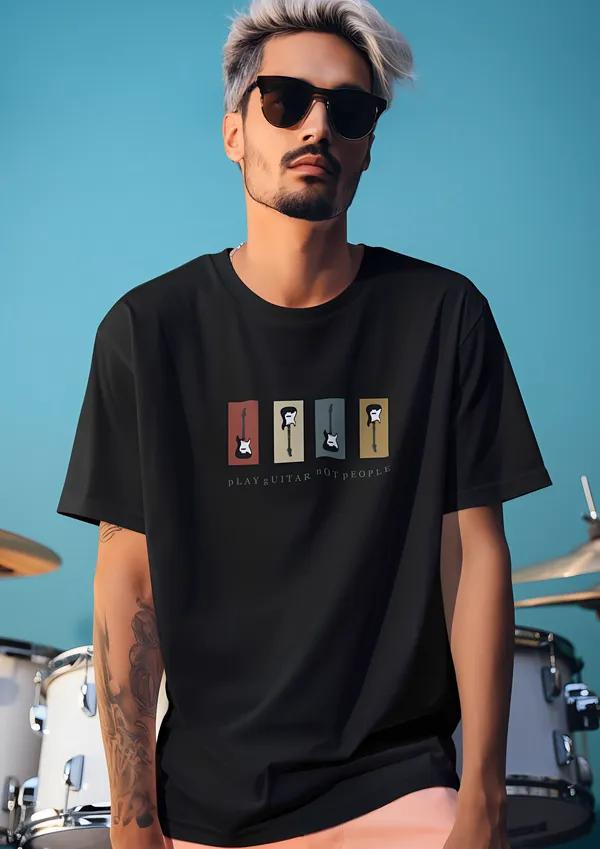 TOFFTEES_Music_Popular___(200_GSM)_Oversized_PlayGuitar_Half_Sleeves_Black_T-shirt