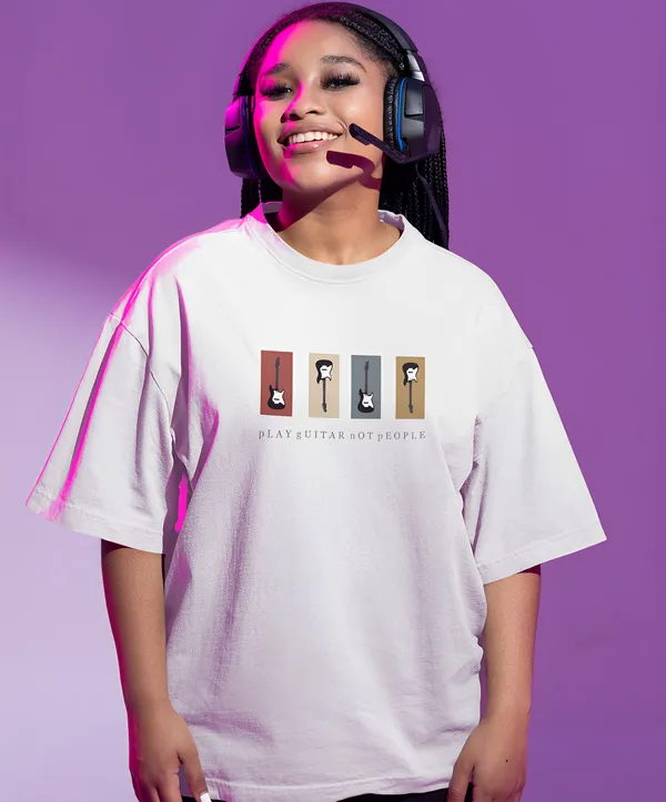 TOFFTEES_Premium_French_Terry_Fabric__(220_GSM)_White_Oversized_PlayGuitar_Half_Sleeves_Women's_T-shirt