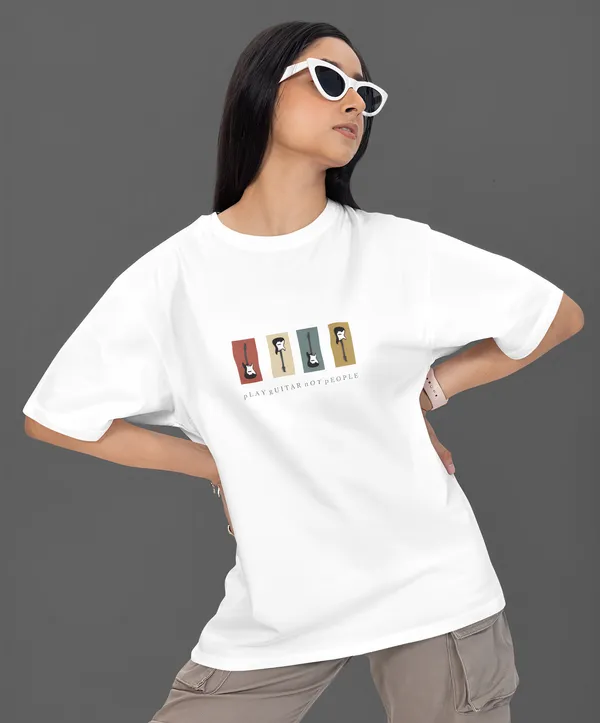 TOFFTEES_Premium_French_Terry_Fabric__(220_GSM)_White_Oversized_PlayGuitar_Half_Sleeves_Women's_T-shirt