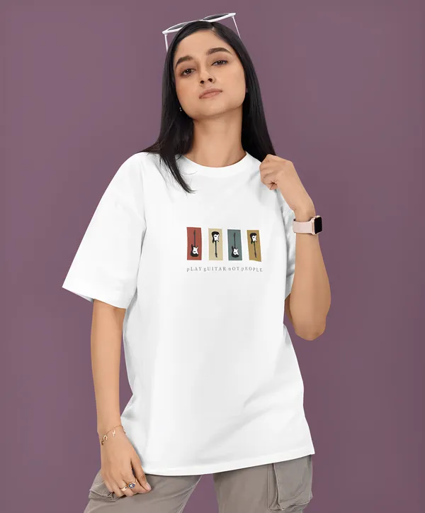 TOFFTEES_Premium_French_Terry_Fabric__(220_GSM)_White_Oversized_PlayGuitar_Half_Sleeves_Women's_T-shirt