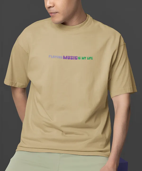 TOFFTEES_Premium_French_Terry_Fabric__(220_GSM)_Beige_Oversized_PlayingMusic_Half_Sleeves_T-shirt