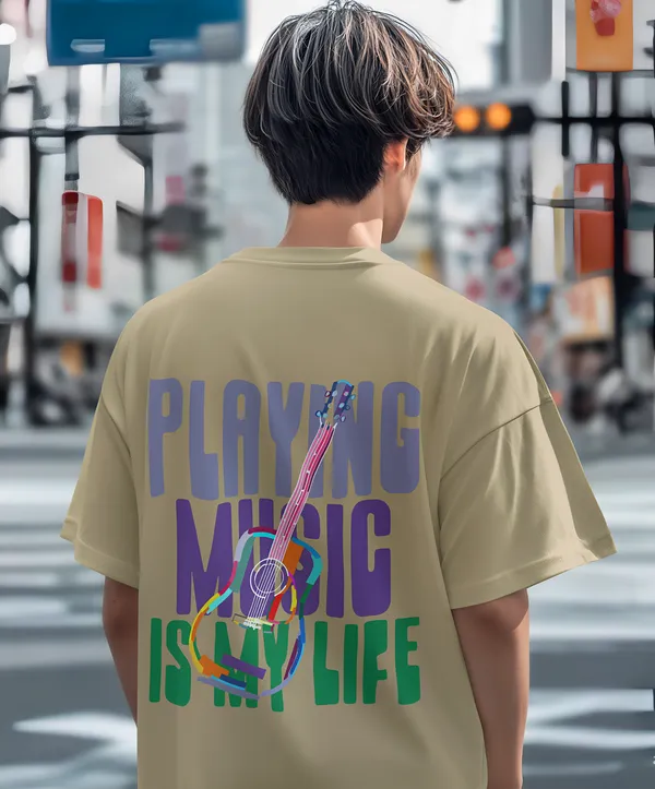 TOFFTEES_Premium_French_Terry_Fabric__(220_GSM)_Beige_Oversized_PlayingMusic_Half_Sleeves_T-shirt
