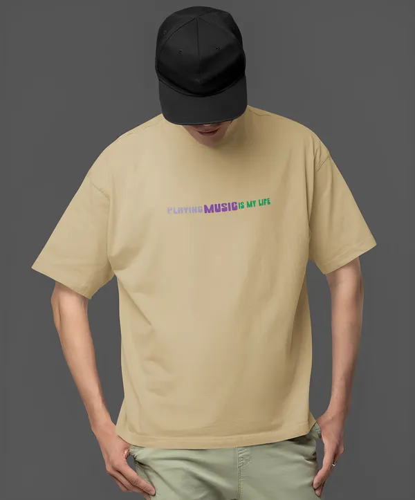 TOFFTEES_Premium_French_Terry_Fabric__(220_GSM)_Beige_Oversized_PlayingMusic_Half_Sleeves_T-shirt