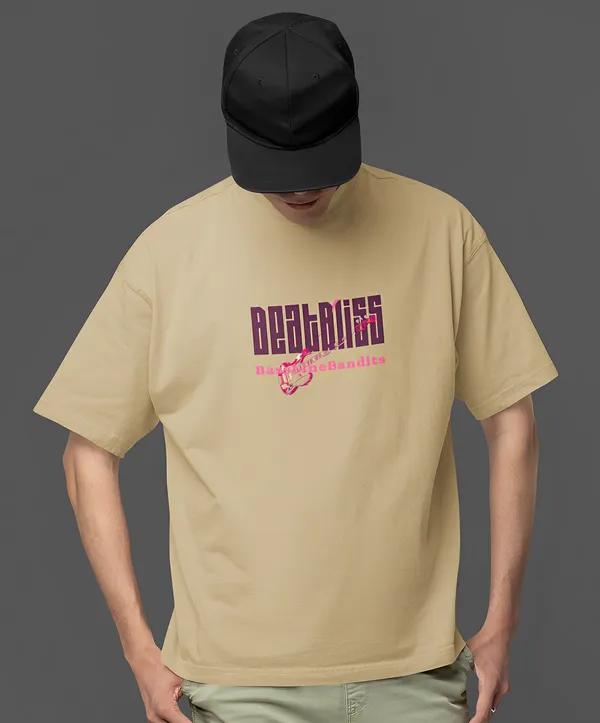 TOFFTEES_Premium_French_Terry_Fabric__(220_GSM)_Beige_Oversized_Beatbliss_Half_Sleeves_T-shirt