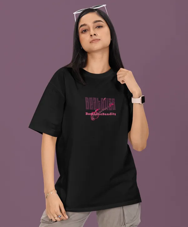 TOFFTEES_Premium_French_Terry_Fabric__(220_GSM)_Black_Oversized_Beatbliss_Half_Sleeves_Women's_T-shirt