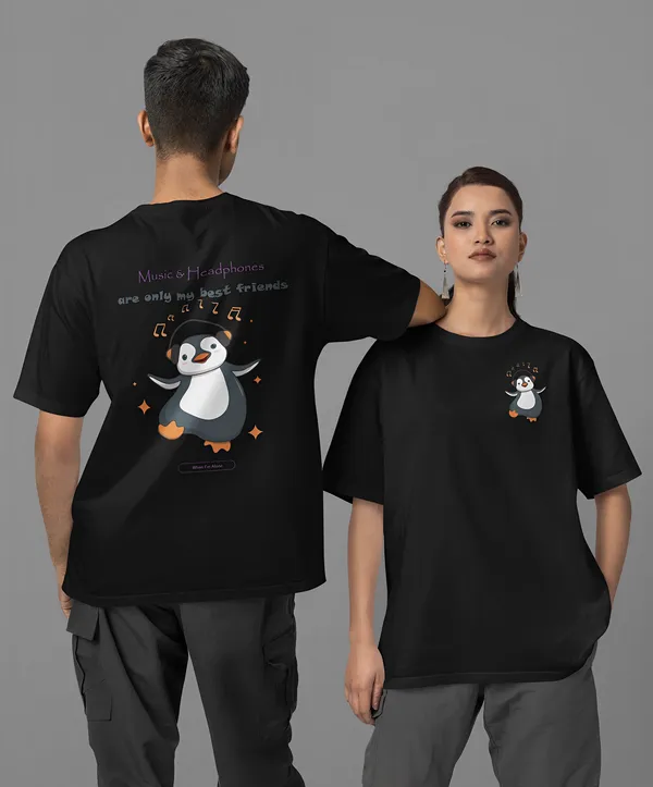 TOFFTEES_Premium_French_Terry_Fabric__(220_GSM)_Black_Oversized_Music&Headphones_Half_Sleeves_Women's_T-shirt