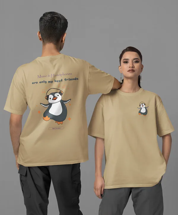 TOFFTEES_Premium_French_Terry_Fabric__(220_GSM)_Beige_Oversized_Music&Headphones_Half_Sleeves_Women's_T-shirt