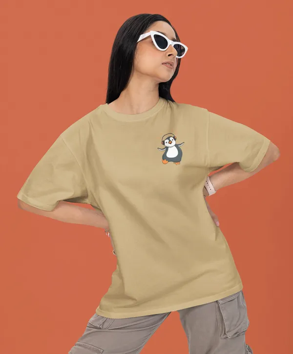 TOFFTEES_Premium_French_Terry_Fabric__(220_GSM)_Beige_Oversized_Music&Headphones_Half_Sleeves_Women's_T-shirt