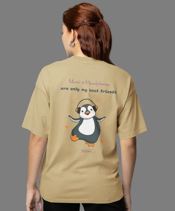 TOFFTEES_Premium_French_Terry_Fabric__(220_GSM)_Beige_Oversized_Music&Headphones_Half_Sleeves_Women's_T-shirt