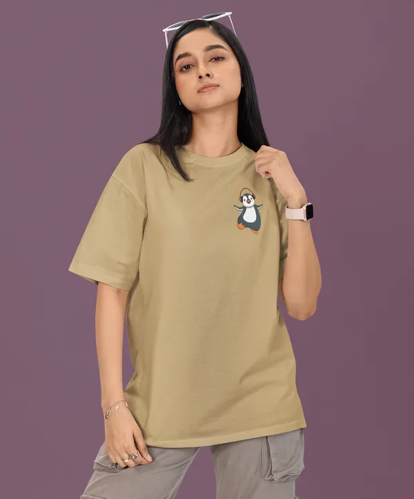 TOFFTEES_Premium_French_Terry_Fabric__(220_GSM)_Beige_Oversized_Music&Headphones_Half_Sleeves_Women's_T-shirt