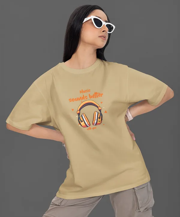 TOFFTEES_Premium_French_Terry_Fabric__(220_GSM)_Beige_Oversized_MusicSoundsBetter_Half_Sleeves_Women's_T-shirt