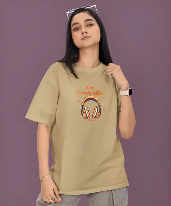 TOFFTEES_Premium_French_Terry_Fabric__(220_GSM)_Beige_Oversized_MusicSoundsBetter_Half_Sleeves_Women's_T-shirt